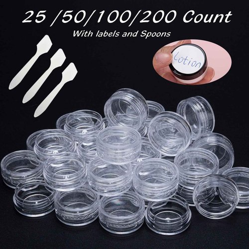 50 Count 3 Gram Sample Containers, Clear Lip Balm Containers with Lids, Small Plastic Sample Jars with 4 Mini Spoons, 50pcs Labels (Clear Lid)