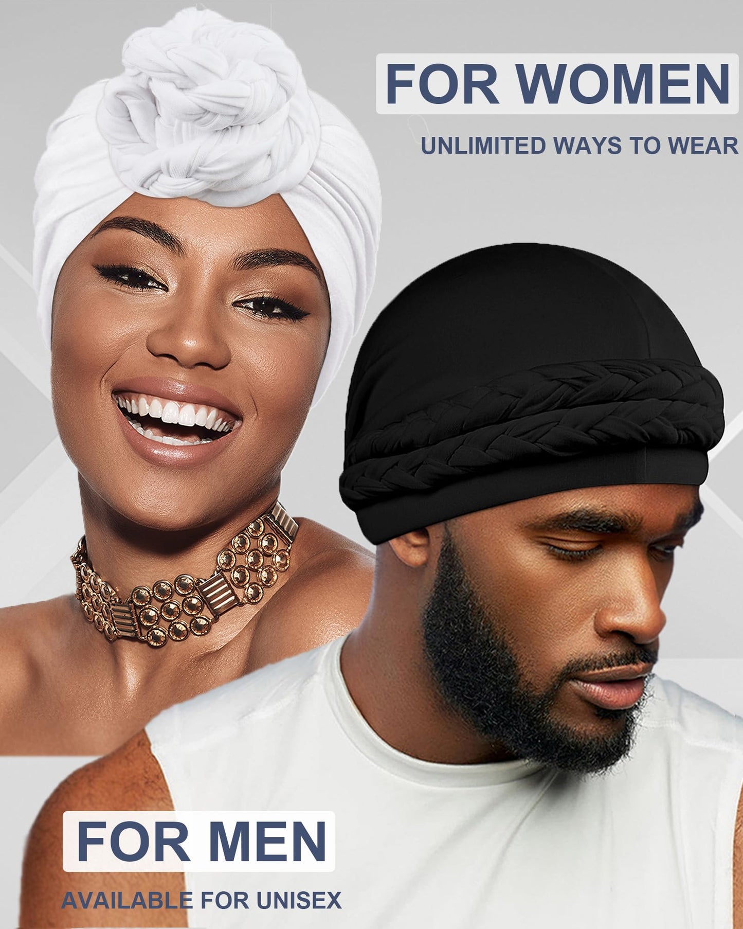 Babalet Halo Turban for Men Women Satin Lined Durag Skull Cap Pre-Tied Handmade Braids Tail Beanie Sleeping Bonnet,White