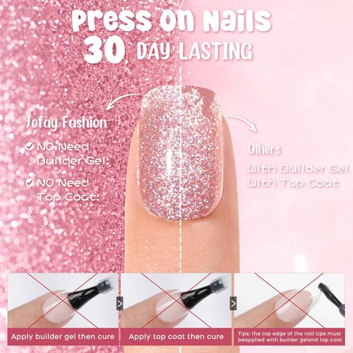 Press on Nails Short - 5 Styles Glossy Glitter Press on Nails Short Square, Soft Gel x Coat Nails False Nails, Bt Art Box Press On Nails in 16 Sizes -160PCS Soft Gel Fake Nails Kit