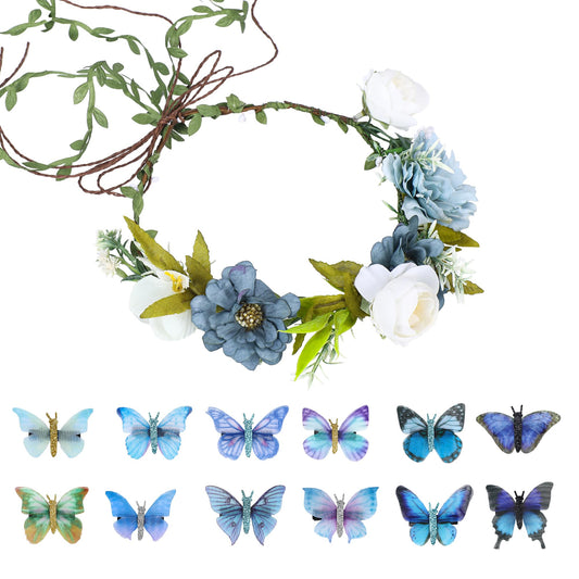 KorViSHOW Flower Crown With Butterfly Clip Set Elf Floral Headpiece Flower Headband for Weeding Party Butterfly Hair Barrettes Hair Aaccessories(Blue Style)