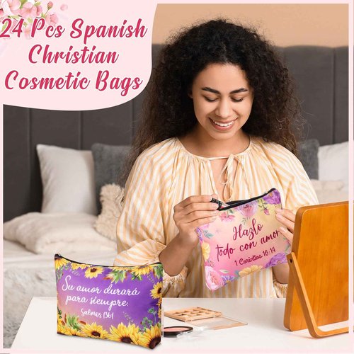 Kacctyen 24 Pcs Spanish Christian Cosmetic Bags Bulk Mother's Day Church Gifts Spanish Christian Gifts for Women Bible Verse Pencil Pouch Makeup Bag Regalos Religiosos Para Mujer (Classic Style)