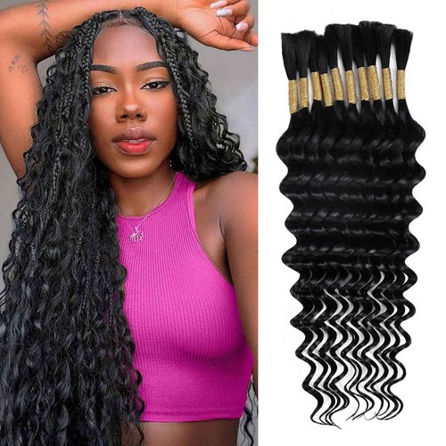 Human Braiding Hair 12A Deep Water Wave Bulk Human Hair 75g 18 Inch No Weft 10 Braids Per Pack Wet and Wavy Braiding Natural Black