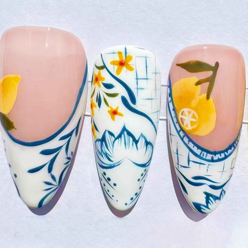 Handcrafted Press On Nails Italian Vacation Style Lemon & Blue Ceramic Pattern 100% Handmade Realistic Artistic Fake Nails With Adhesive Glue Tabs And Tool Gifts For Women (Lemon,Medium M)