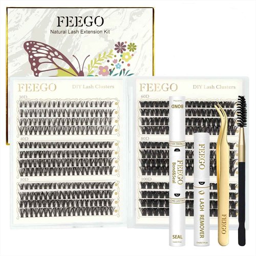 FEEGO 456pcs Cluster Lashes Kit 30-100D Fluffy Volume False Eyelashes with Lashes Adhesive Remover Tweezers Brush 10-16mm Lengths for Natural to Dramatic Look DIY Lash Extensions for Beginners & Pros