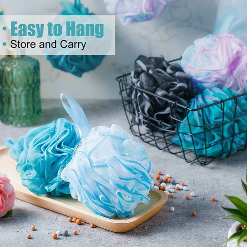 Shellwei 32 Pcs Bath Sponge Shower Loofahs Bulk 60 g Charcoal Body Shower Large Mesh Puff Soft Scrubber for Men and Women Exfoliating Pouf Balls with Bathing Accessories