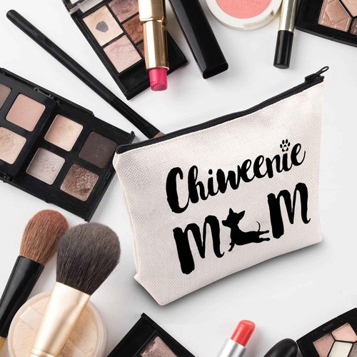 G2TUP Chiweenie Dog Lover Gift Chiweenie Mom Makeup Bag Chiweenie Dog Mom Cosmetic Bag Chiweenie Dog Owner Gift Pet Owner Zipper Travel Bag (Chiweenie Mom White Bag)