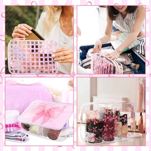 Sunnymove 12 Pcs Clear Pink Bow Makeup Bags Bulk for Women PVC Coquette Cosmetic Bag with Zipper Travel Toiletry Pouch Pink Bow Team Gifts for Birthday Coquette Party Favor Storage Accessories
