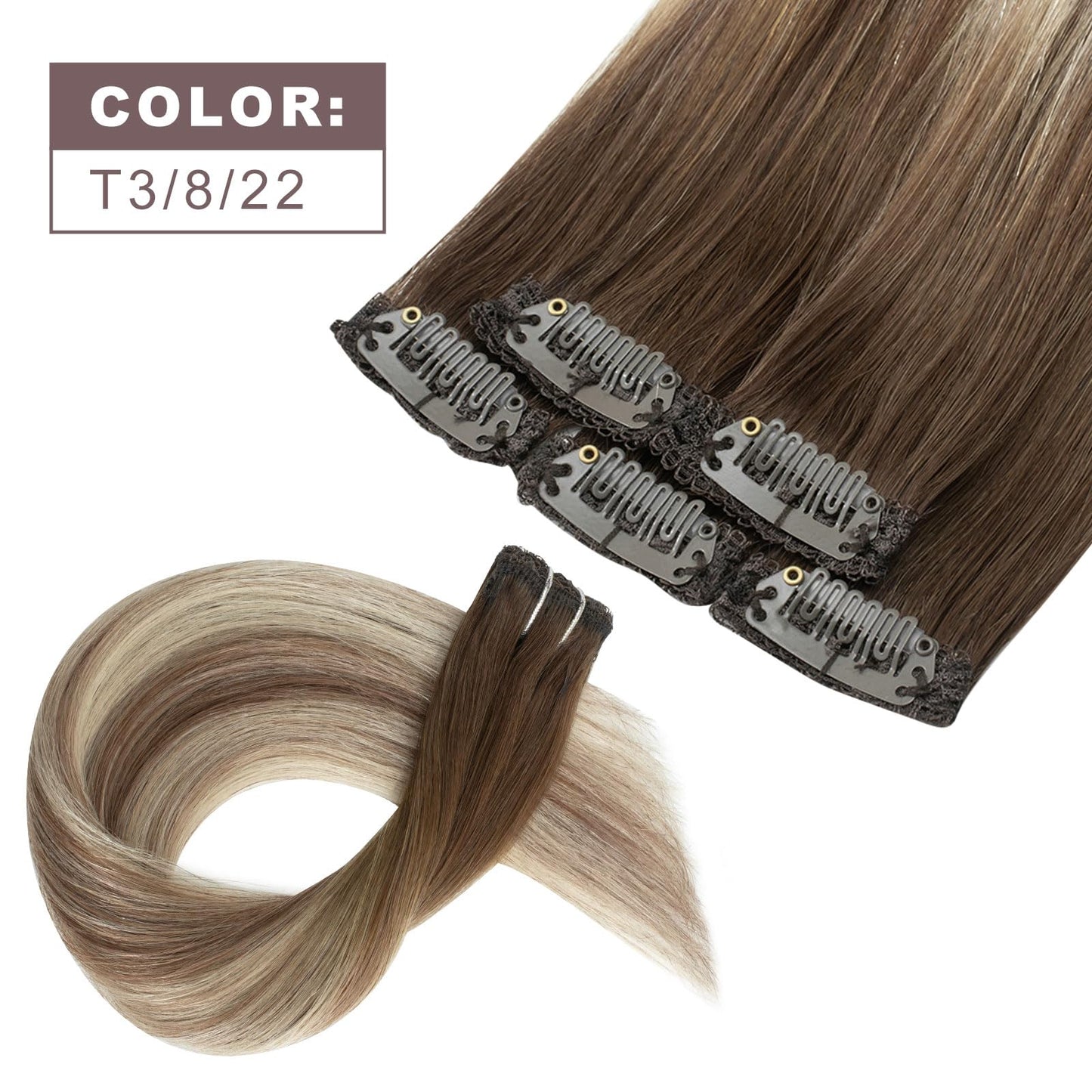 FUBILI Clip in Hair Extensions Walnut Brown to Ash Brown Mix Light Blonde Balayage Human Hair Extensions 100% Real Human Hair 14Inch 30g 5pcs