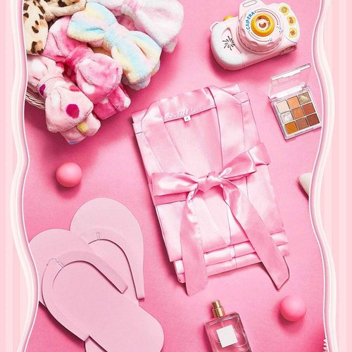 Jecery 18 Pcs Spa Party Supplies for Girls 6 Satin Kimono Robe 6 Spa Headband 6 Disposable Foam Pedicure Slippers (Pink,Size 6)