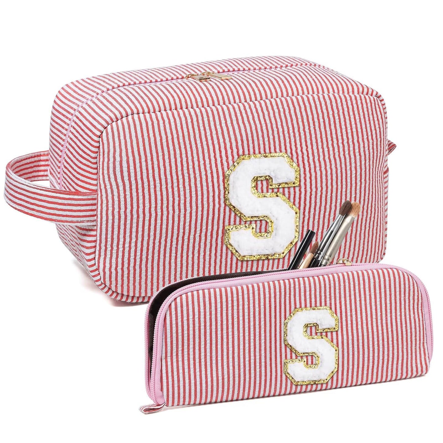 Avgiedy 2Pcs Makeup Bag, Cute Cosmetic Bag, Personalized Initial Preppy Large Capacity Travel Makeup Bag Organizer, Makeup Bag is for Mother, Wife, Friends Birthday, Valentine's Day Gifts-Pink