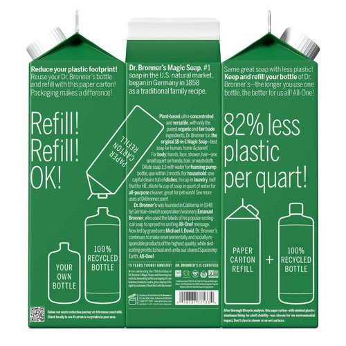 Dr. Bronner's - Pure-Castile Liquid Soap Refill, 82% Less Plastic per Quart, Made with Organic Oils, 18-in-1 Uses, For Face, Body, Hand Soap Refill, Hair, Laundry, Pets & Dishes (32oz, Almond)