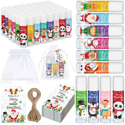 Dunzy 50 Set Christmas Favors Lip Balm Gifts Bulk Xmas Supplies Souvenirs Goodies Moisturizing Lip Care Products Small Thank You Appreciation Gifts for Guest Boys Girls (Santa Style)