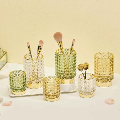 LEICURACE Makeup Brush Holder Organizer,Toothbrush Holders,Desk Pen Pencil Holder,Multifunctional Vintage Glass Brush Cup(A38-3-US/Gold/L)