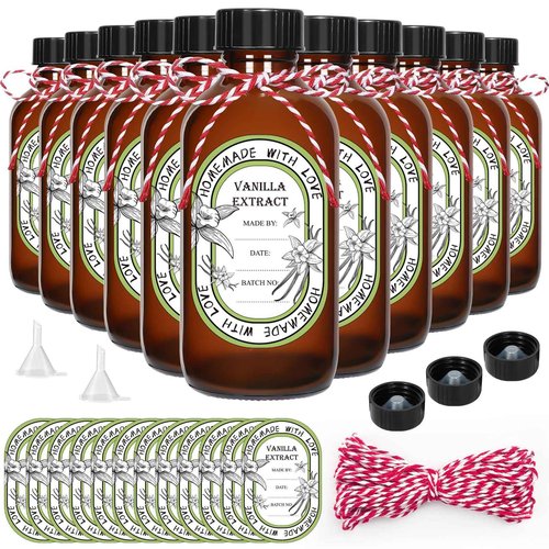12 Pack 2 oz Vanilla Extract Bottles with Black Poly Cone Caps and 12 Pcs Vanilla Extract Stickers, 60ml Boston Round Sample Bottles for Homemade Vanilla Extract, Essential Oils, Herbal Medicine (2oz)