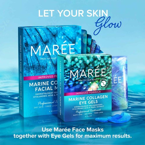 MAREE Eye Gels & Facial Masks Bundle - Under Eye Gels for Puffy Eyes and Dark Circles, Sheet Moisturizing Masks - Marine Collagen & Hyaluronic Acid, Green & Red Algae Extract - for All Skin Types