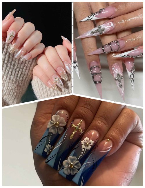 OPMADM 120 Pcs 3D Cross Nail Charms 12 Grids Metal Nail Art Charms White Gold Silver Gold Cross Charms for Nails