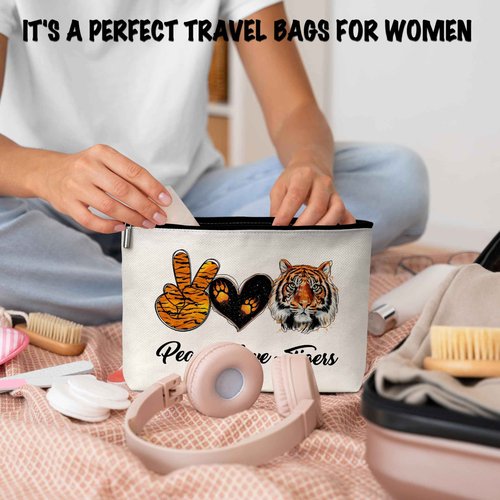ONDTOM Tiger Print Makeup Bag, Animal Lover Gifts for Kids Women Friends, Peace Love Tigers Cosmetic Pouch, Tiger Gifts -B05