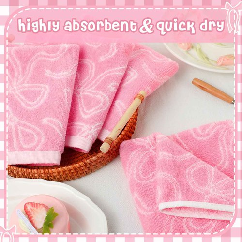 SmoothNovelty 6 Pcs Pink Bow Washcloths 100% Cotton Wash Cloths 13" x 13" Coquette Small Face Towels Absorbent Soft Hand Bath Towels for Bathroom, Spa, Kitchen Drying Cleaning (Classic Style)