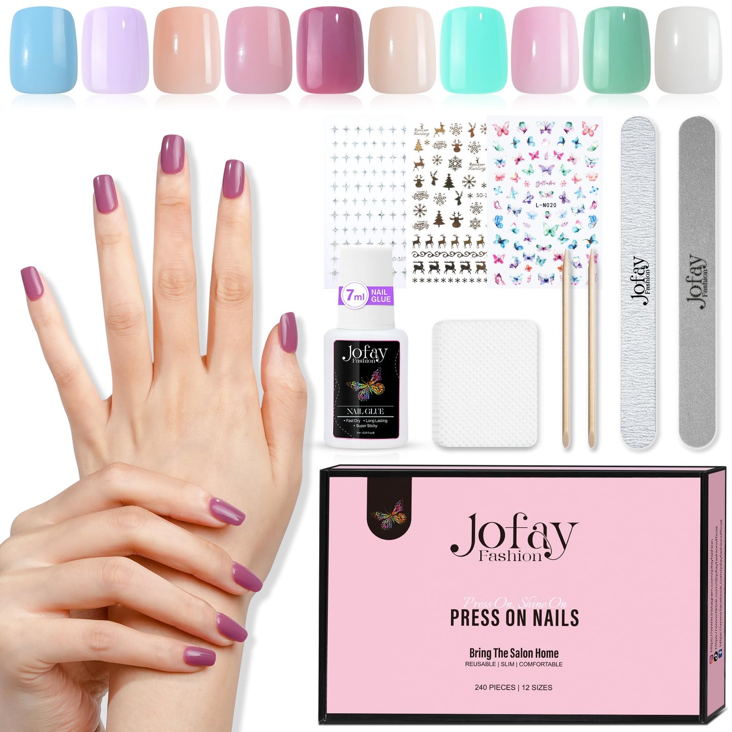 Mixed 10 Colors Nail Tips Press On Nails Short Length Square 240PCS Glue On Nails Kit, Jofay Fashion Glossy Solid Colors Nail Tips Set Nail File Buffer Nails Stickers for Nail Art DIY