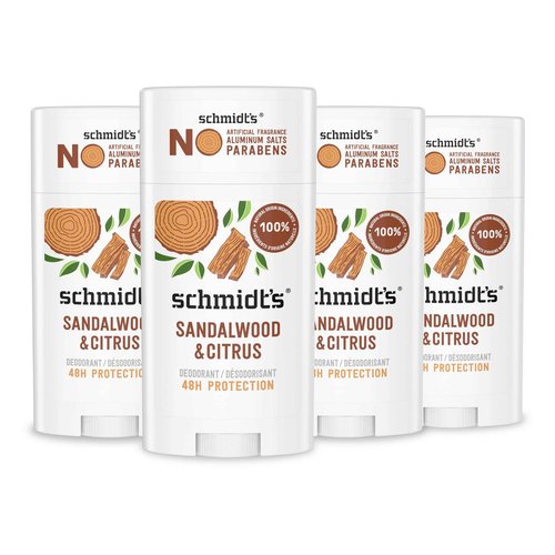 Schmidt's Aluminum-Free Vegan Deodorant Sandalwood & Citrus 4 Count for Women and Men, with 24 Hour Odor Protection, Natural Ingredients, Cruelty-Free, 2.65 oz
