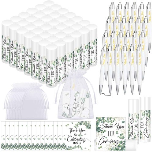 Heigble 50 Set Wedding Thank You Gifts, Thank You Lip Balm Bulk Retractable Ballpoint Pen Appreciation Card Organza Drawstring Gift Bag Bridal Shower Gift for Guest Wedding Party(Eucalyptus Leaf)