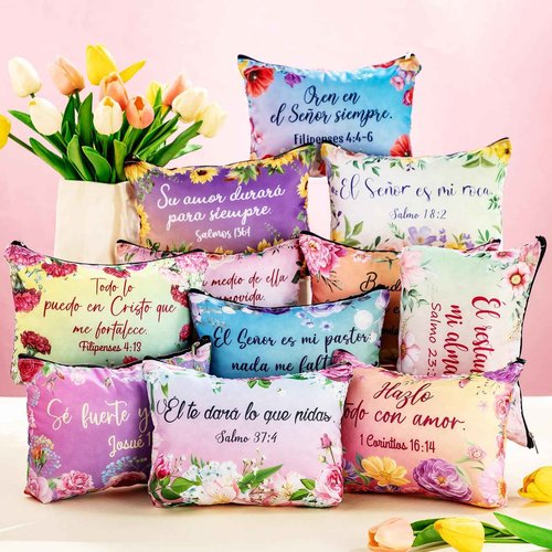 Kacctyen 24 Pcs Spanish Christian Cosmetic Bags Bulk Mother's Day Church Gifts Spanish Christian Gifts for Women Bible Verse Pencil Pouch Makeup Bag Regalos Religiosos Para Mujer (Classic Style)