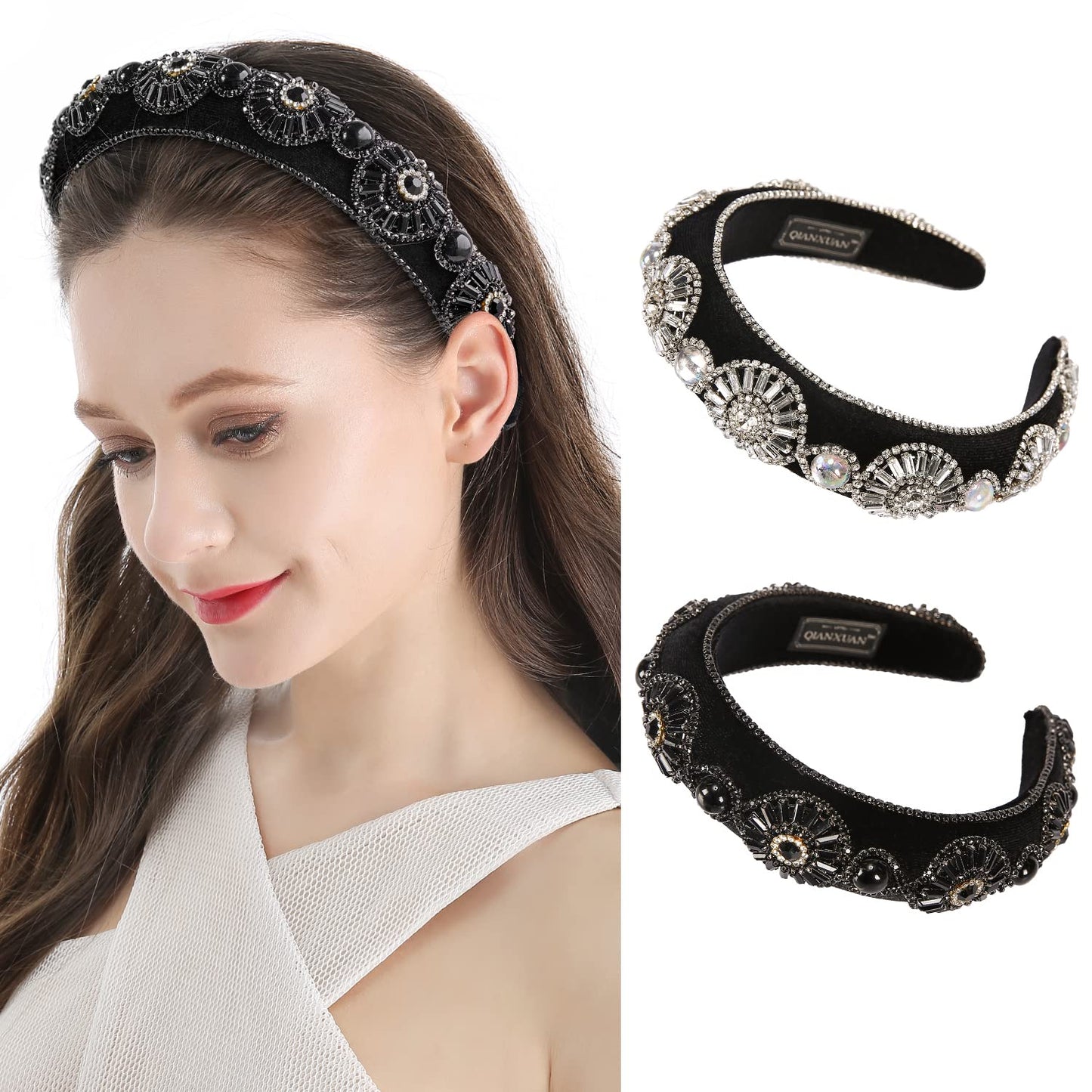 QIANXUAN Crystal Rhinestone Headbands For Women White Pearl Headbands For Girls Padded Headband Black Velvet Jewelry Chain Hairband Handmade Pearly Flower Retro Filling Diamond Hair Accessories