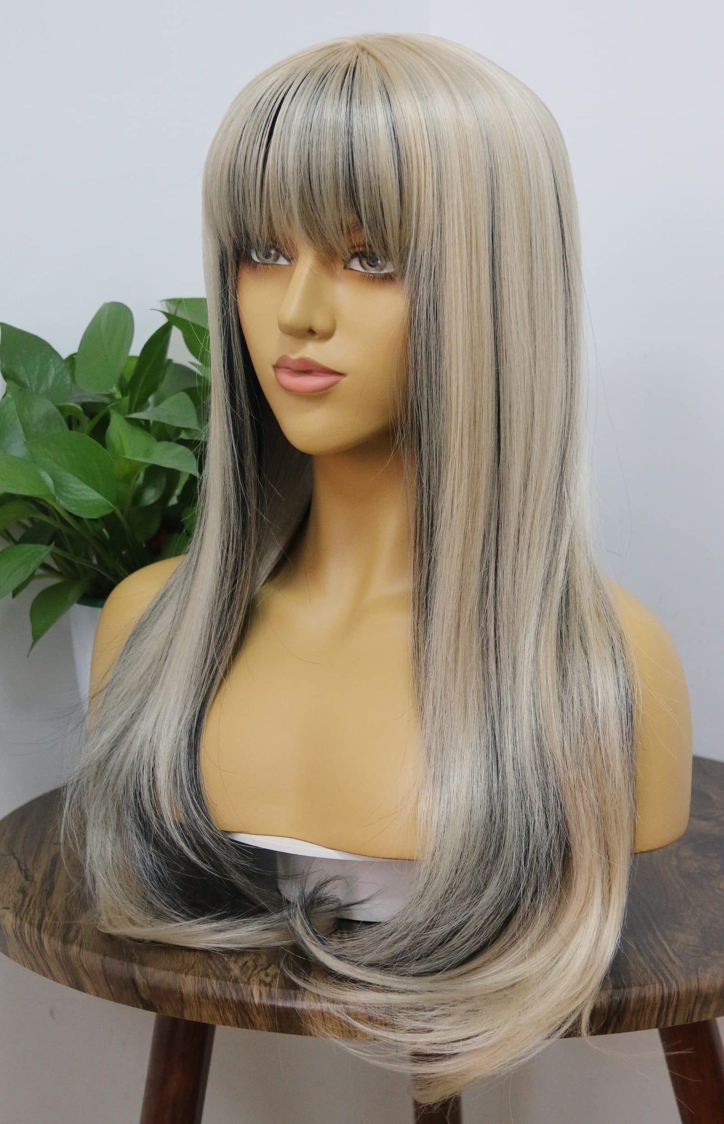 MSMYRNS 613 Blonde With Black Mixed Long Wavy Synthetic Wig Glueless Fringe Unit Heat Resistant Fiber None Lace Machine Made Scalp Top Wig For Women Daily Use Cosplay Party Costume Fashion Gifts