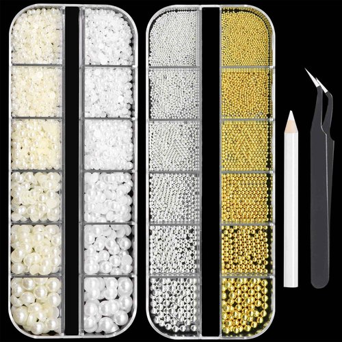 RODAKY 2 Boxes Metal Nail Beads and Flatback Pearls,Metal Silver & Gold Beads Nail Supplies Small Round Caviar Beads Nail Gems,White & Beige Half Pearl for Nail Jewelry DIY Nail Art Décor