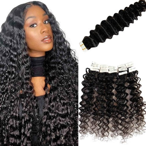 Deep Wave Tape in Hair Extensions Human Hair, 18 Inch Black Hair Extensions Real Remy Human Hair Curly Tape ins for Black Women,20pcs Double Sided Invisible Tape Hair Extension 50g/pack