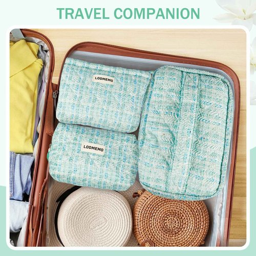 Lodmemo Makeup Bag 3 PCS Quilted Cosmetic Bags for Women, Large Travel Make up Bag Set Cute Cotton Toiletry Bag Organizer Pouch for Purse, Green