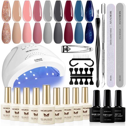 Morovan Gel Nail Polish Kit: with U V Light 9 Colors Gel Nail Polish Set Pink Nude Blue Glitter Gel Polish Nail Art Decorations Manicure Tools DIY Salon Home Gifts