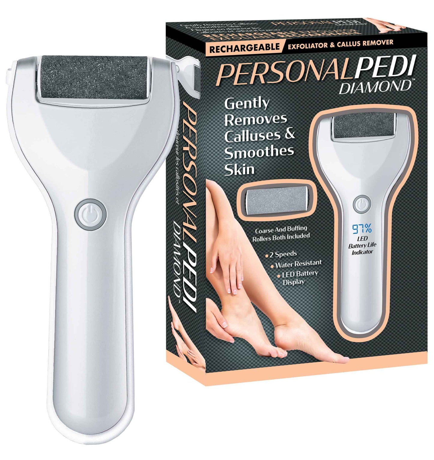 Personal Pedi Diamond Electric Foot Callus Remover for Feet - Rechargeable, Interchangeable Rollers Easy-to-Use Foot File Electric Callus Remover for Feet, 2 Intensity Levels, 2 Speed As Seen On TV