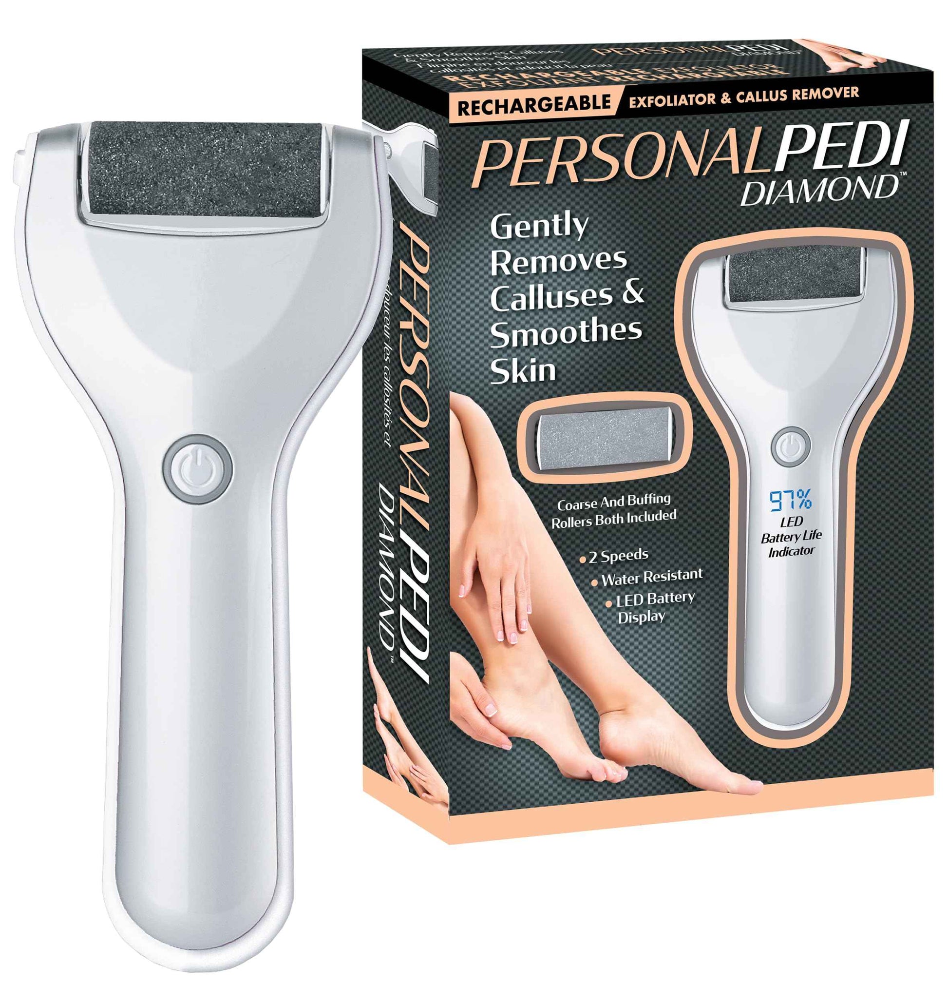 Personal Pedi Diamond Electric Foot Callus Remover for Feet - Rechargeable, Interchangeable Rollers Easy-to-Use Foot File Electric Callus Remover for Feet, 2 Intensity Levels, 2 Speed As Seen On TV