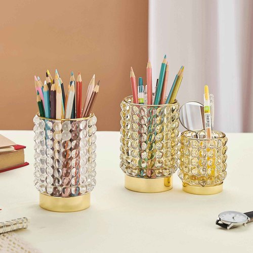 LEICURACE Makeup Brush Holder Organizer,Toothbrush Holders,Desk Pen Pencil Holder,Multifunctional Vintage Glass Brush Cup(A38-3-US/Gold/L)