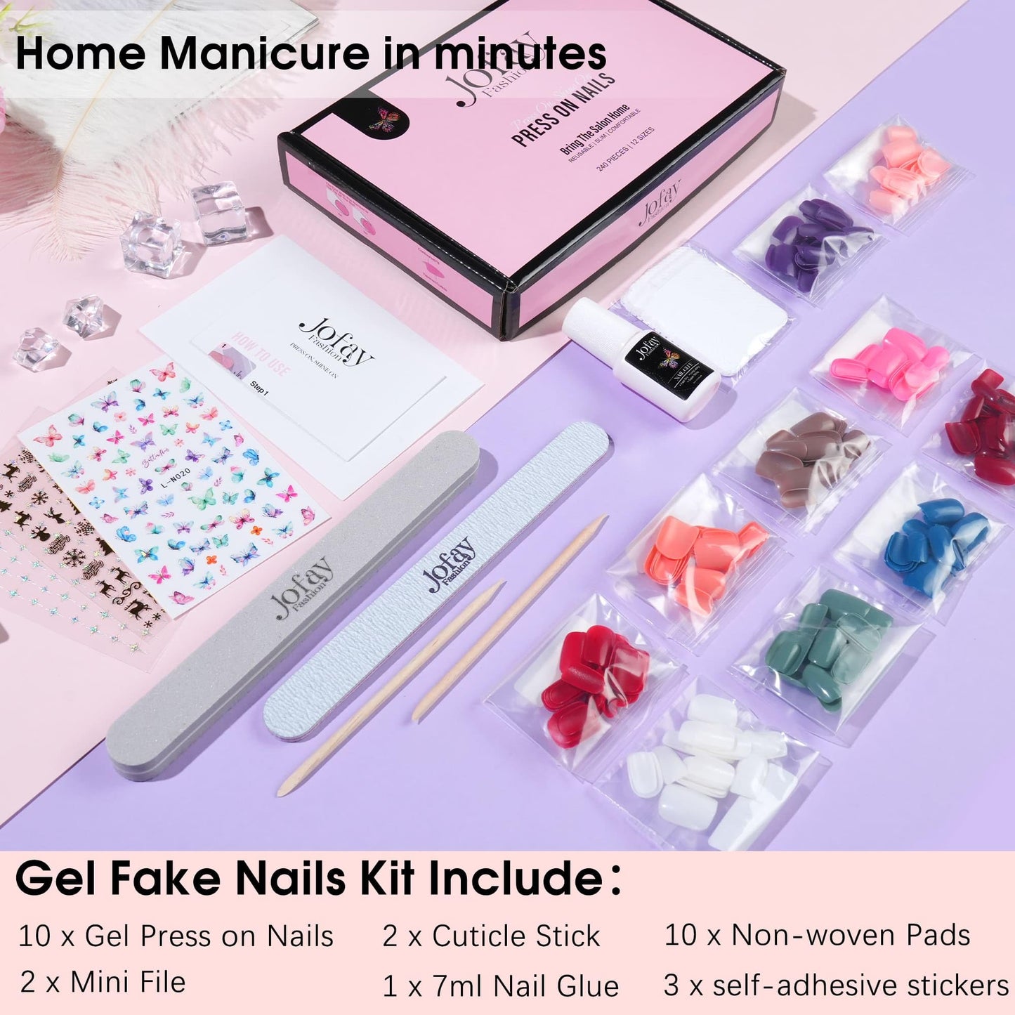 Jofay Fashion Nails Tips 240pcs Short Press On Nails Kit - Acrylic Fake Nails with Glue | Square Glossy Stick on Nails, Natural | Gel UV Finish Artificial False Nails - Static, Cute Glue on nails