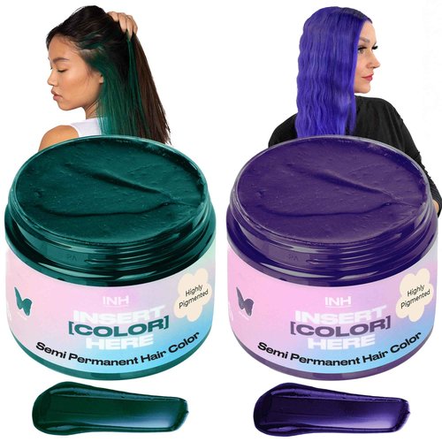 INH Hair Dye Set - Emerald Green & Amethyst Dark Purple Semi Permanent Hair Color Duo, Vegan Color Depositing Conditioner, Ammonia & Sulfate-Free, No Bleach, No Peroxide, Ready to Use Bundle, 6oz