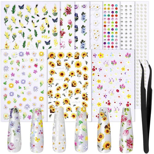 FANDAMEI Flower Nail Stickers, Nail Decals, 7 Sheets 5D Embossed Nail Stickers for Nail Art, 10 PCS Self-Adhesive Nail Art Sticker, Floral Nail Decorations for Girls, Women