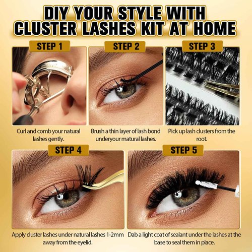 FEEGO 456pcs Cluster Lashes Kit 30-100D Fluffy Volume False Eyelashes with Lashes Adhesive Remover Tweezers Brush 10-16mm Lengths for Natural to Dramatic Look DIY Lash Extensions for Beginners & Pros