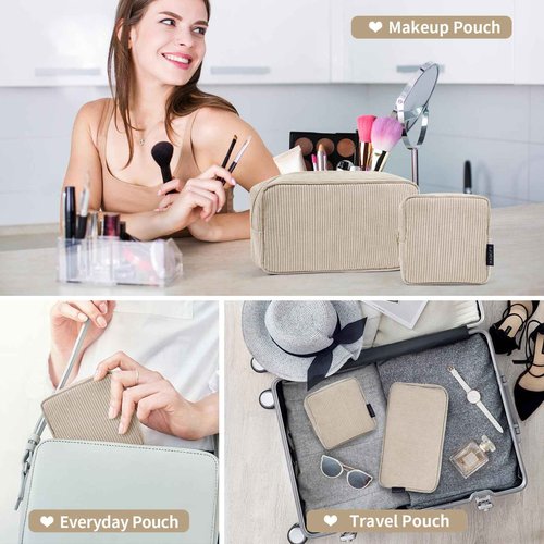 MAGEFY Makeup Bag for Purse, 2 Pcs Corduroy Cosmetic Bag for Girls Women Small Travel Makeup Pouch with Zipper(Beige)