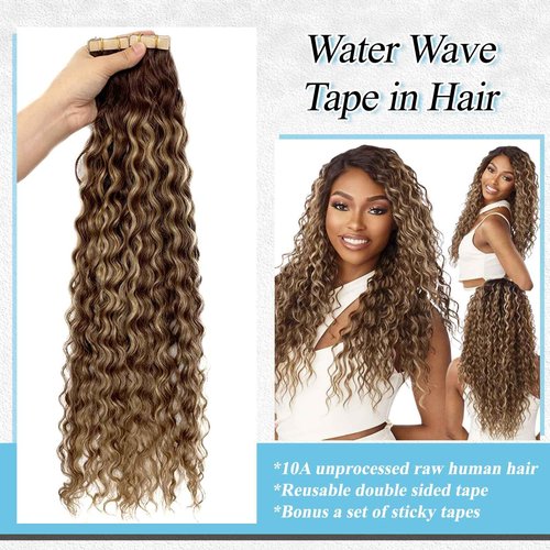 Water Wave Tape in Hair Extensions Human Hair, Ombre Chocolate Brown to Strawberry Honey Blonde Highlights Invisible Loose Curly Tape ins for Black Women Skin Weft Glue in Real Remy Extension 14 Inch