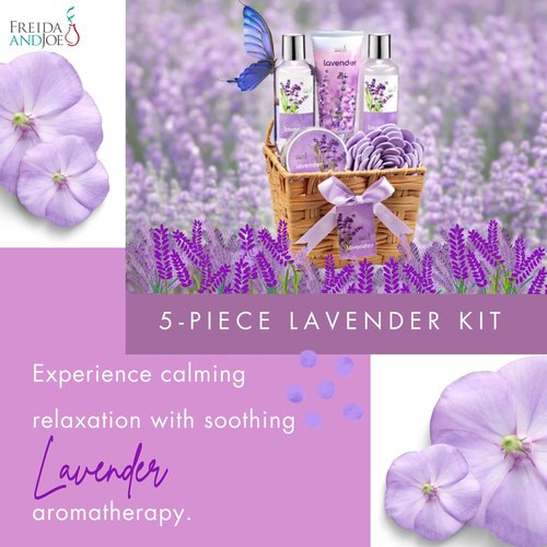 Lavender Bath and Body 6 Piece Gift Set in A Wicker Basket Calm & Relaxing Lavender Spa Gift Set for Women – Perfect Self-Care Gift for Holidays, Birthdays & Special Occasions