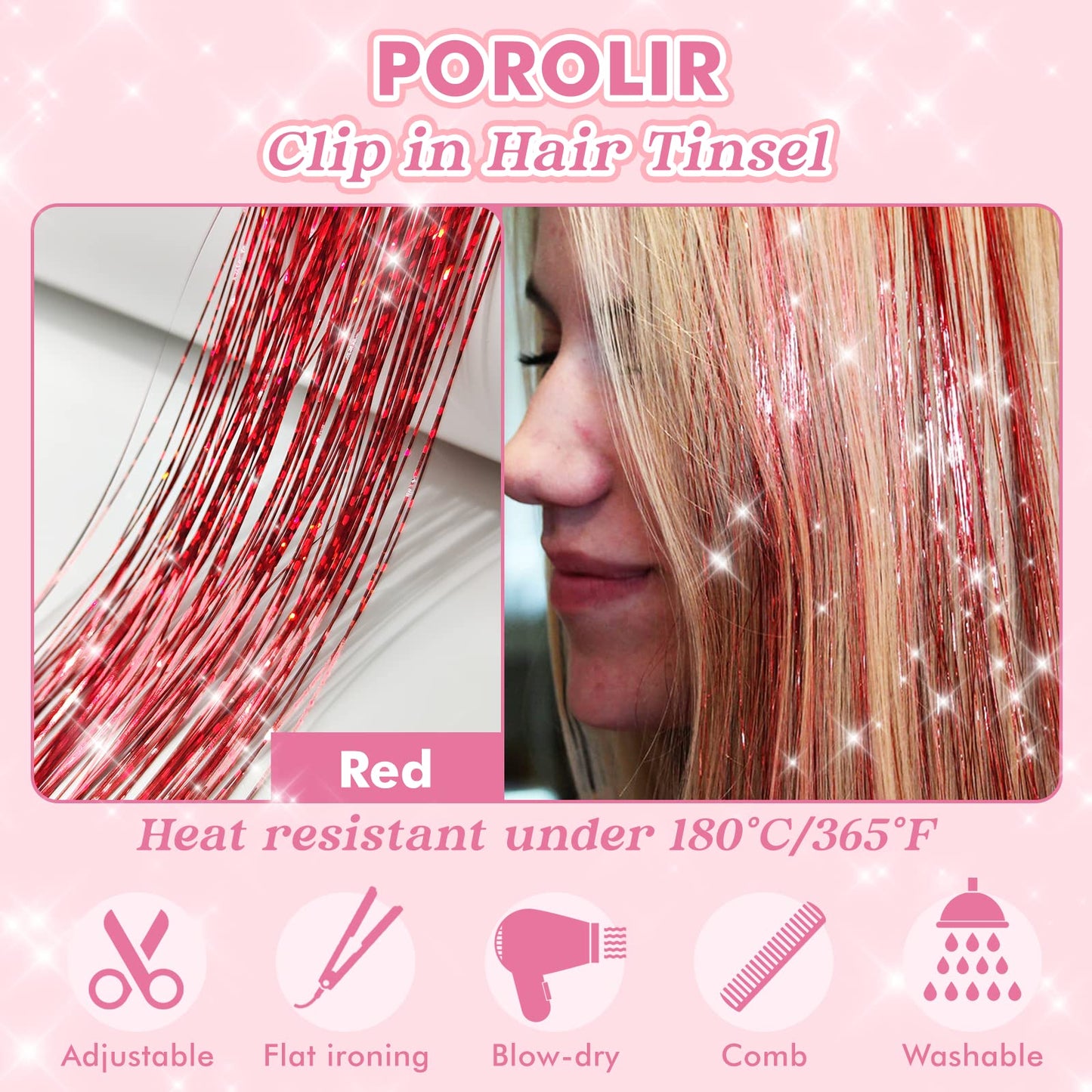 6 Pcs Clip in Hair Tinsel Kit, 20 Inch Glitter Fairy Hair Tinsel Extensions Shiny Hair Tensile Heat Resistant, Hair Accessories Sparkle Strands Kit, Festival Gift for Women Girls Kids (Red)