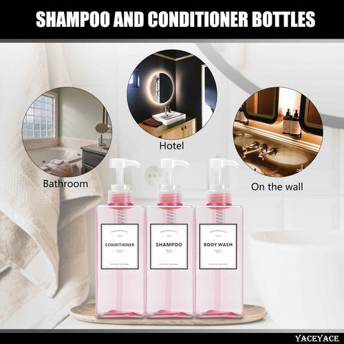 YACEYACE 22oz Set of 3 Travel Shampoo and Conditioner Dispenser, Empty Soap Dispenser, Pink Refillable Bottles