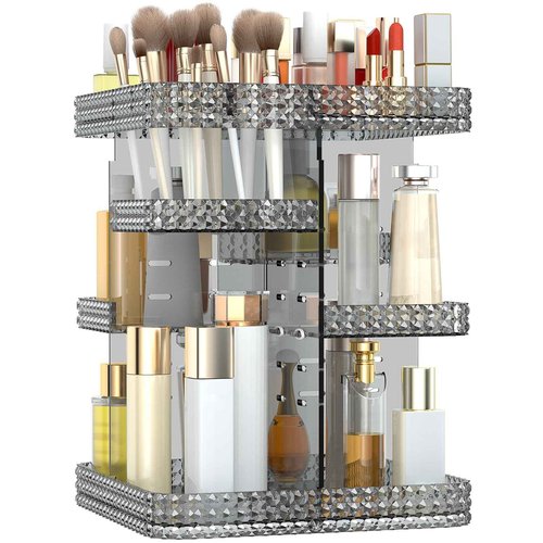 BOCONY Rotating Makeup Organizer, Large Capacity Cosmetic Display Case, Acrylic Skincare Organizer with Makeup Brush, Makeup Storage Organizer for Dresser Countertop and Bathroom Vanity - Grey