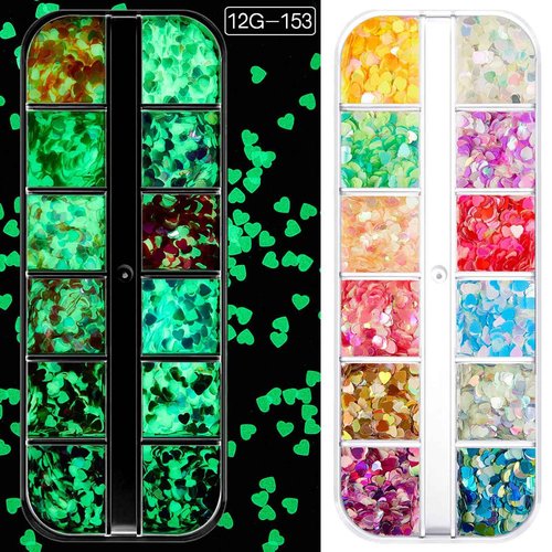 12 Grids Luminous Nail Art Glitter Powder, Glow in The Dark Nail Art Sequins with Heart Shape Designs, Night Holographic Fluorescent Nails Mix Pigment Supplies for Women Girls Glow Decorations