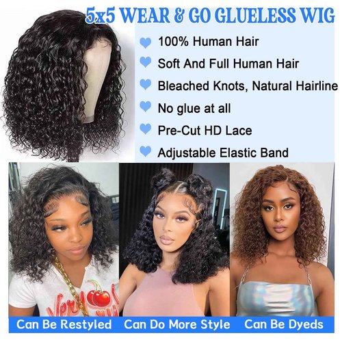 Kerberey Glueless Wigs Human Hair Pre Plucked Pre Cut Wear and Go Bob Wig Human Hair Deep Wave Wigs 5x5 HD Lace Closure Curly Wigs for Black Women Lace Front Glueless Wigs Human Hair 8Inch