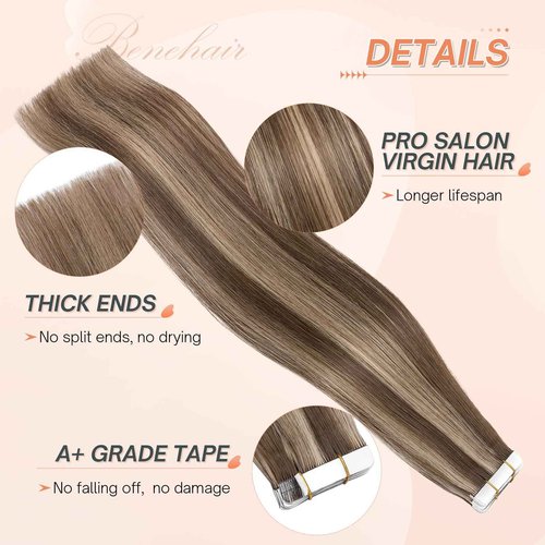 Benehair Tape in Human Hair Extensions, 12 inch Straight Invisible Tape Extensions Remy Blonde Hair Extensions 10pcs 20g Medium Brown Mix Dark Blonde 4p27
