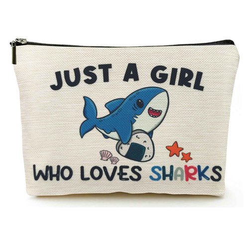 Suemetic Shark Gifts for Women Makeup Bag, Cute Shark Themed Gifts for Shark Lovers Girls Kids Accessories, Just A Girl Who Loves Sharks Cosmetic Stuff Pouch, Birthday Christmas Decorations