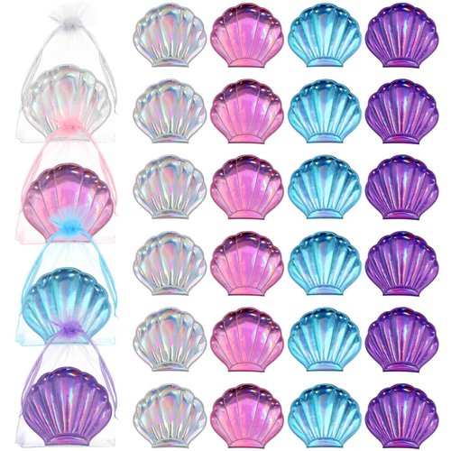 Barydat 24 Set Seashell Mirror Compact Bulk Mermaid Party Favors 4 Colors Double-Sided Shell Shape Handheld Mirror Mermaid Glitter Mini Pocket Accessories for Women Purse Party Supplies